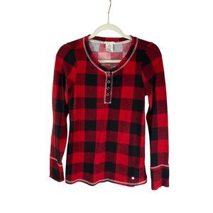 Lucky Brand Womens Red Black Buffalo Plaid Long Sleeve Henley Shirt S Holidays